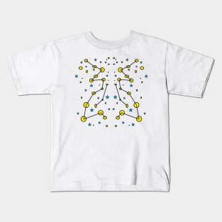 Abstract symmetric universe with yellow planets and blue stars Kids T-Shirt